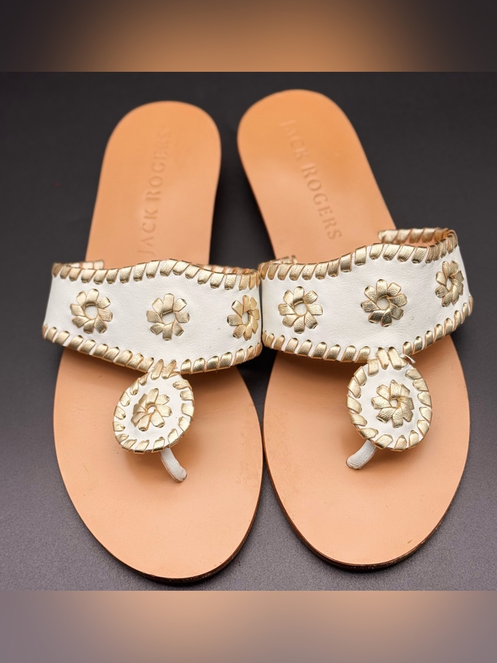Jack Rogers White Leather Sandals with Gold Stitching